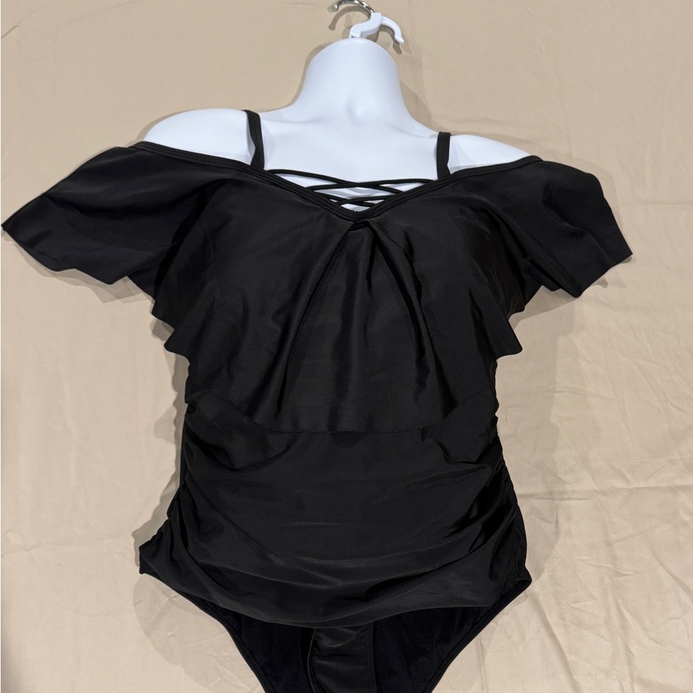 Elegant Black Off-Shoulder Women's one-piece Swimsuit
